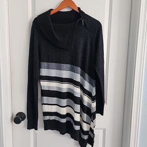Smartwool Cascade Valley Asymmetric Tunic Sweater Black Stripe Knit Size XL Zip
